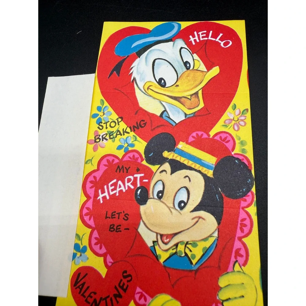 Vintage Walt Disney Valentine Card Donald Duck and Mickey Mouse 1960s w Envelope